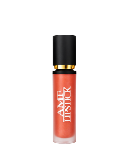 Lipstick with black cap and gold accent on a white background. amflipstick, A.M.F LIPSTICK, METALLIC LIPSTICK