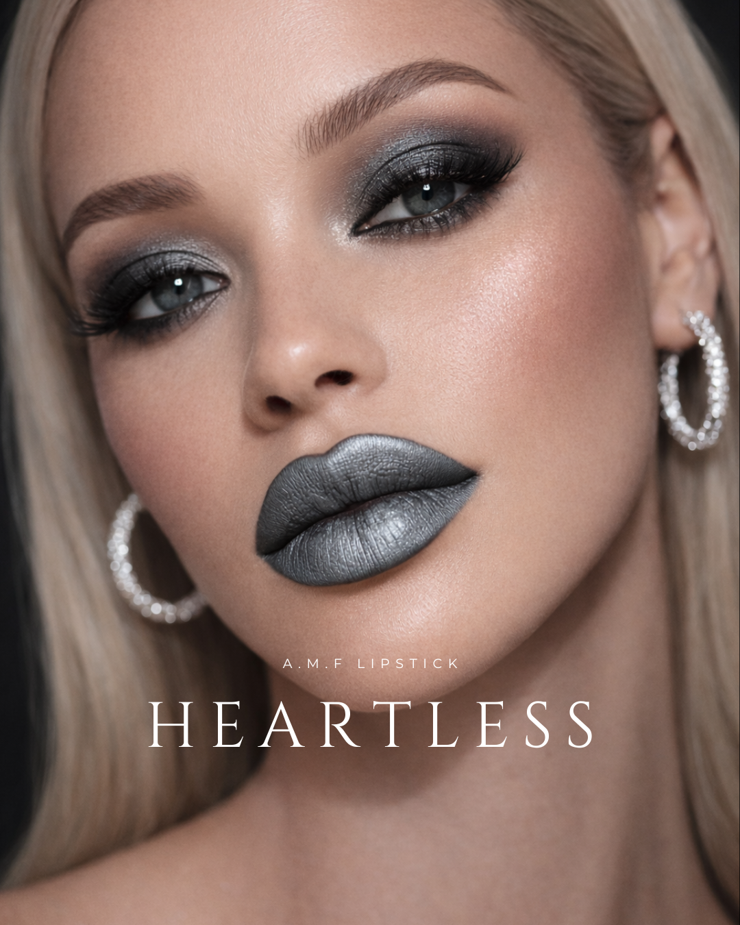 Close-up of a model with dramatic makeup and 'Heartless' lipstick text. amflipstick, AMF LIPSTICK, bold metallic lipstick, best lipstick for woemn