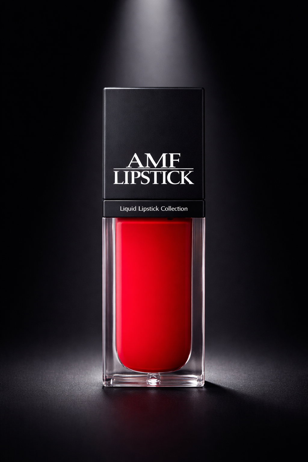 Red lipstick with black packaging labeled 'AMF Lipstick' on a dark background